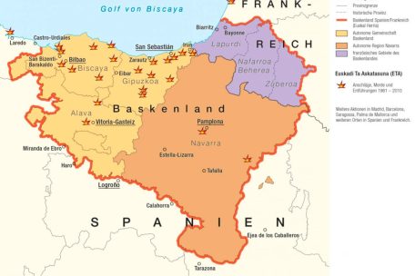 Das Baskenland mit seinen drei Provinzen in Spanien, der Provinz Navarra und dem französischen Baskenland